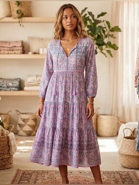Blue Boheme purple paisley print midi dress with tassel detail cotton Size S/M